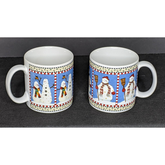 VTG Sakura Debbie Mumm SNOWMAN Mug Set of 2 Different Designs 3 5/8" Tall 1998 - Picture 1 of 4